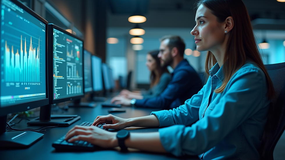 Eye-level view of a modern office workspace with multiple digital screens displaying analytics