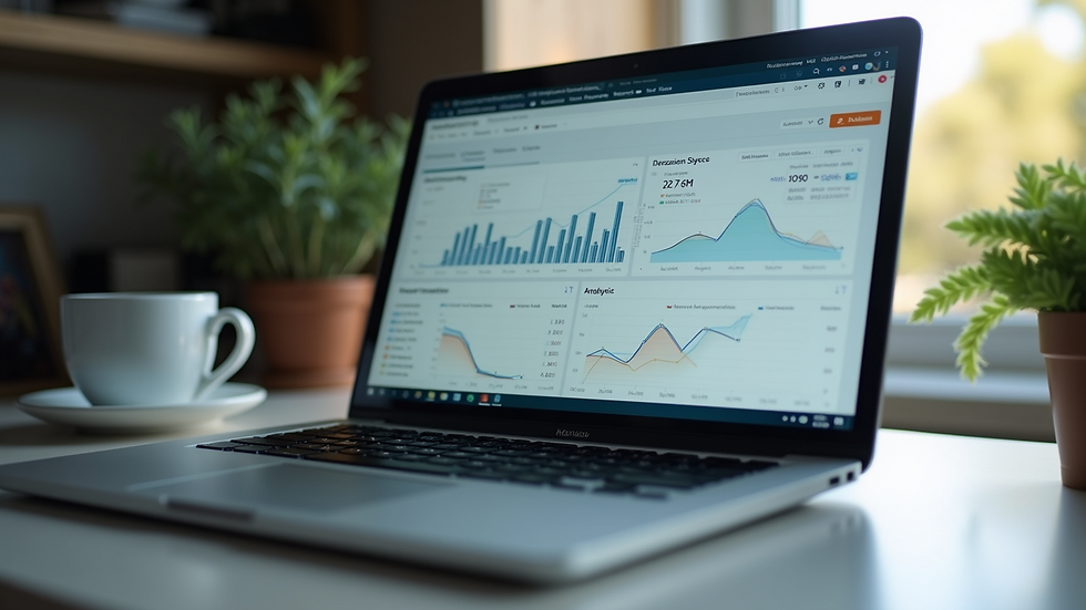 High angle view of a laptop screen showing analytics dashboard
