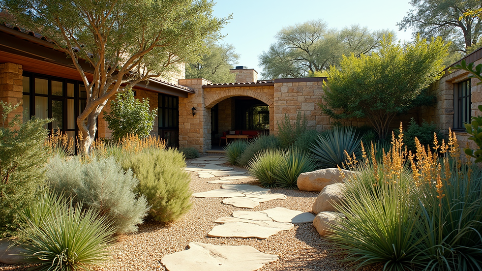 Wide angle view of a drought-tolerant garden with native plants in Austin