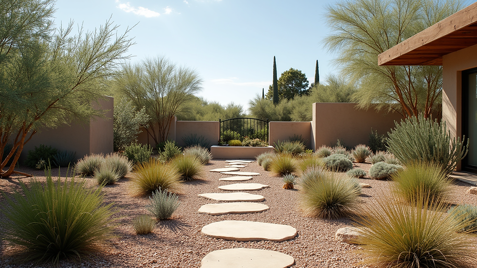 Wide angle view of a drought-tolerant garden with native plants and stone pathways