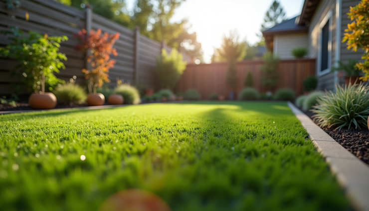Eye-level view of a backyard with freshly installed artificial turf replacing a muddy lawn