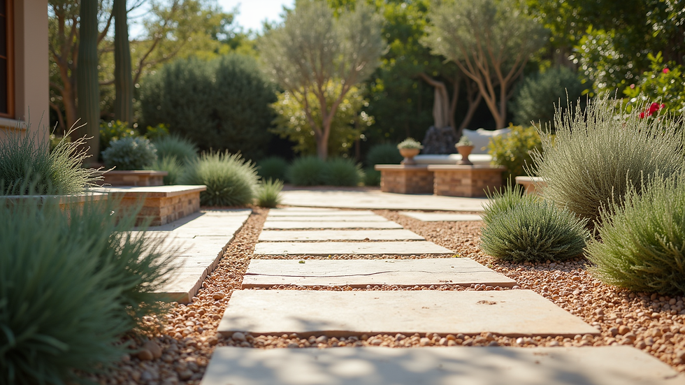 Eye-level view of a stone patio with drought-tolerant plants surrounding it