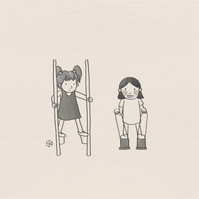 Illustration of two children playing with stilts. One girl, with pigtails and a dress, uses tall wooden stilts; the other, with short hair, uses bucket stilts, both smiling.