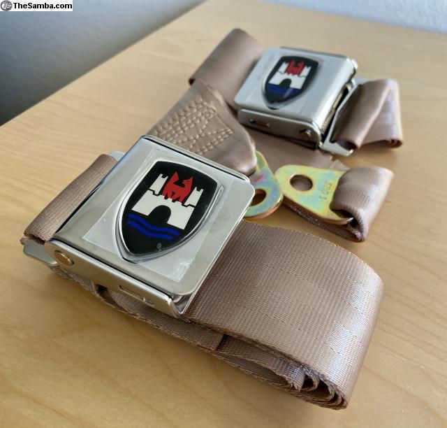 Thumbnail: VW BUG 356 GHIA CHROME LAP SEAT BELT LOGO PR BEIGE