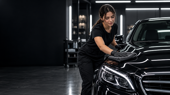 Profesional de limpieza cuidando un coche negro en Car Shower Madrid