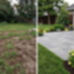 Backyard before and after hardscaping services with patio.
