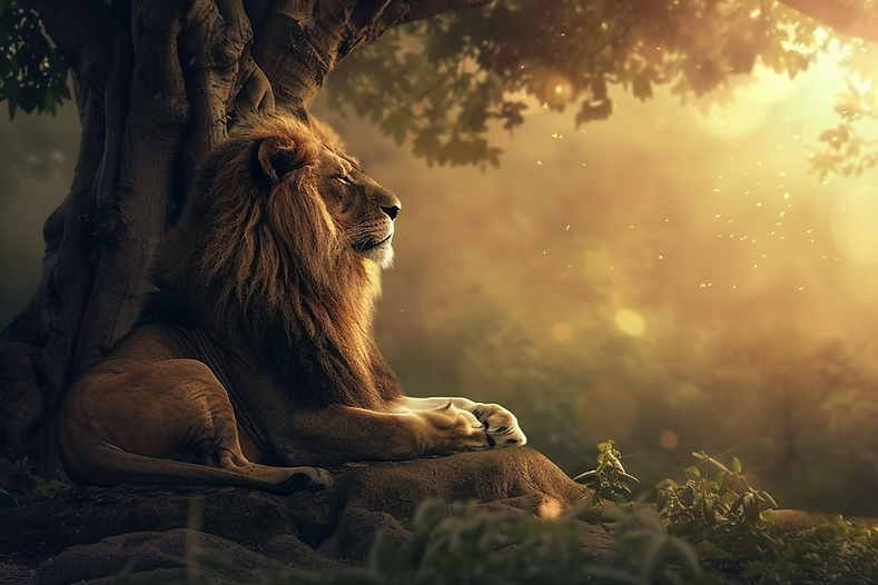 Meditating lion next to tree.png