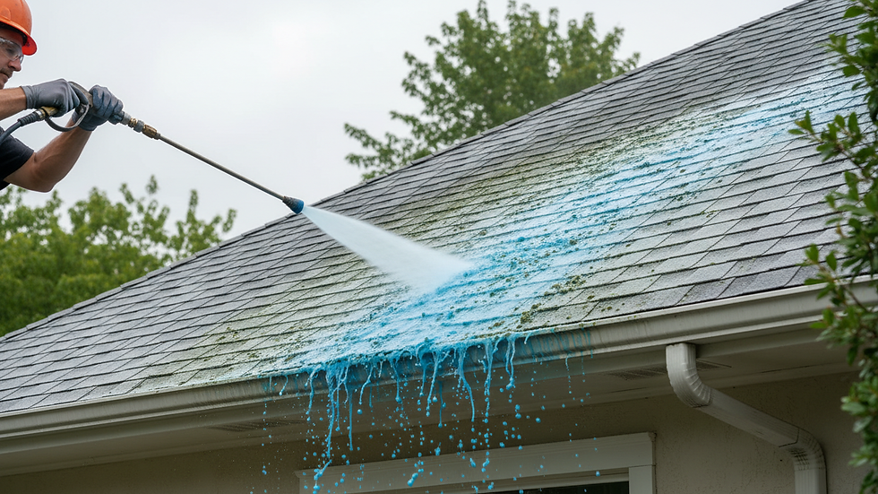Close-up of a roof being soft washed to remove algae