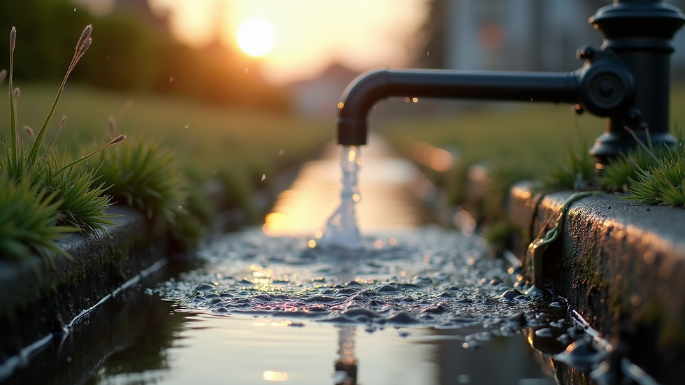 Close-up view of gutter being flushed with water to clear debris