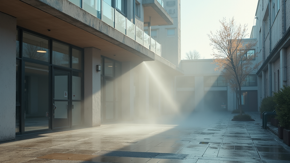 High angle view of a commercial building exterior being pressure washed