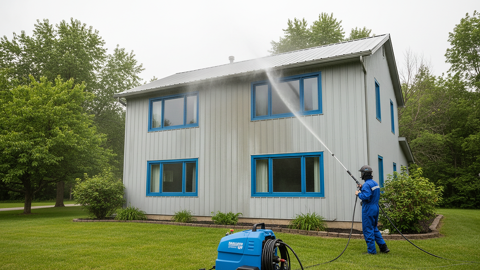 Wide angle view of a two-story house being pressure washed from the ground level