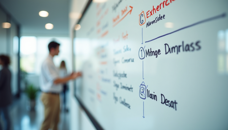 Eye-level view of a whiteboard with a detailed content workflow diagram