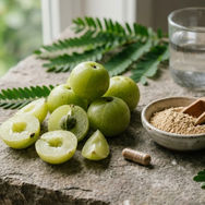 Fresh amla fruit, powder, and capsules for daily use