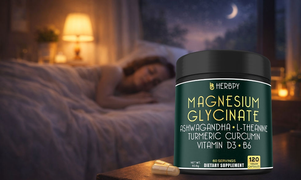 A woman sleeps in a cozy bedroom with a lamp on. A supplement jar labeled "Magnesium Glycinate" and capsules are on the bedside table.