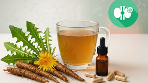 A realistic photo showing a glass cup of dandelion root tea beside fresh dandelion roots, yellow flowers, and green leaves. Capsules and a brown tincture bottle represent supplement forms. A green kidney icon appears in the background, symbolizing kidney function and detox support. The image illustrates dandelion root’s natural diuretic benefits and potential role in kidney health.