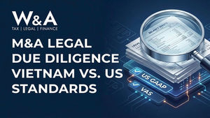 W&A M&A legal due diligence: magnifying glass over balance sheets and papers, with US GAAP and VAS labels, Vietnam vs US standards.