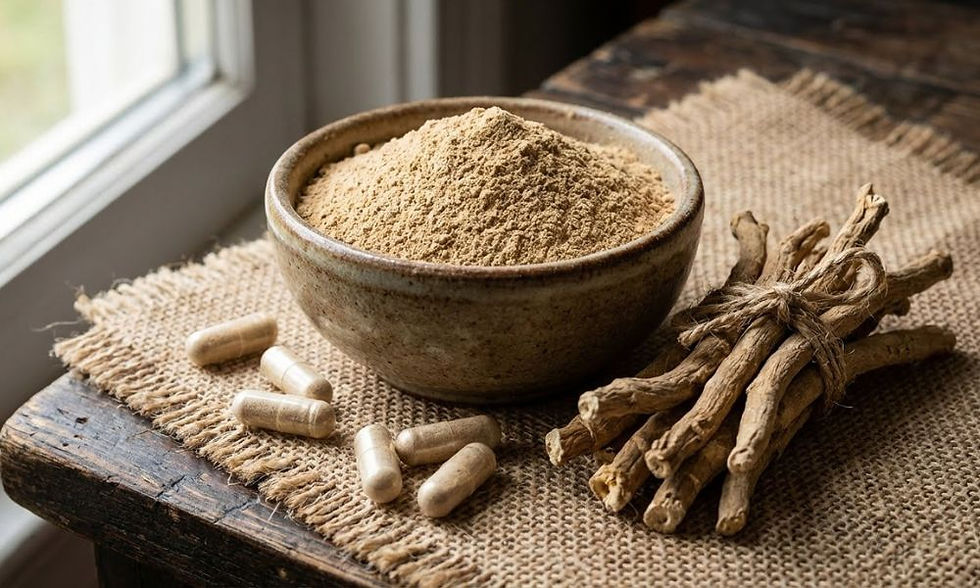 Ashwagandha root powder in a bowl with capsules and dried roots on a rustic table, representing KSM-66 ashwagandha supplement.