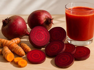 Whole and sliced beets, turmeric roots, and a glass of red juice on a light wooden surface. Warm natural light highlights the vibrant colors. Herbpy Blog.