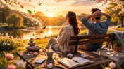 A couple sits on a bench by a lake at sunset, surrounded by flowers. Leaves swirl in the air. Relaxed mood with a book and cup nearby.