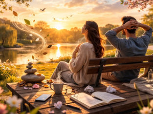 A couple sits on a bench by a lake at sunset, surrounded by flowers. Leaves swirl in the air. Relaxed mood with a book and cup nearby.