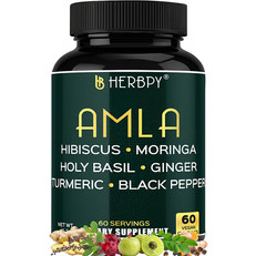 Herbpy Amla supplement bottle – herbal capsules with amla, moringa, turmeric, ginger and black pepper for immune support, digestion and antioxidant benefits, 60 vegan capsules
