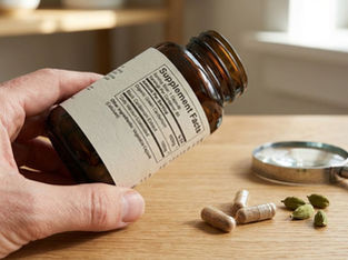 Hands reading a Supplement Facts label on a cardamom supplement bottle next to cardamom capsules.
