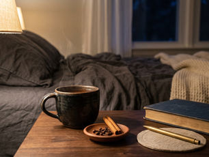 Steaming mug, book and pen on a bedside table in a cozy dim bedroom with a rumpled gray bed and lamp.