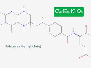 Chemical structure of methylfolate with molecular formula C20H25N7O6 in green box. Text "Folate (as Methylfolate)" below. Source: Canva.