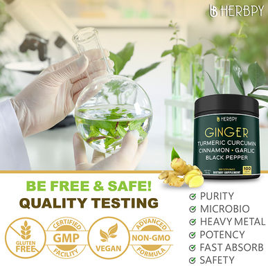 Herbpy Ginger Supplement tested for purity, heavy metals, and potency - vegan, gluten-free, and non-GMO. High-quality ginger root extract supplement ensuring safety and fast absorption.
