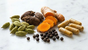 Green cardamom pods, turmeric root, and black peppercorns beside clear capsules on a clean kitchen surface.