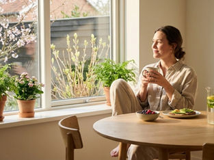 Woman in pajamas enjoys tea by a sunny window with plants. Table has fruit, avocado toast, and a pitcher of lemon water. Relaxed mood.
