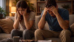 A man and woman sit on a couch, heads in hands, looking stressed. Papers and a phone lie on a table. Warm lighting in a cozy living room.