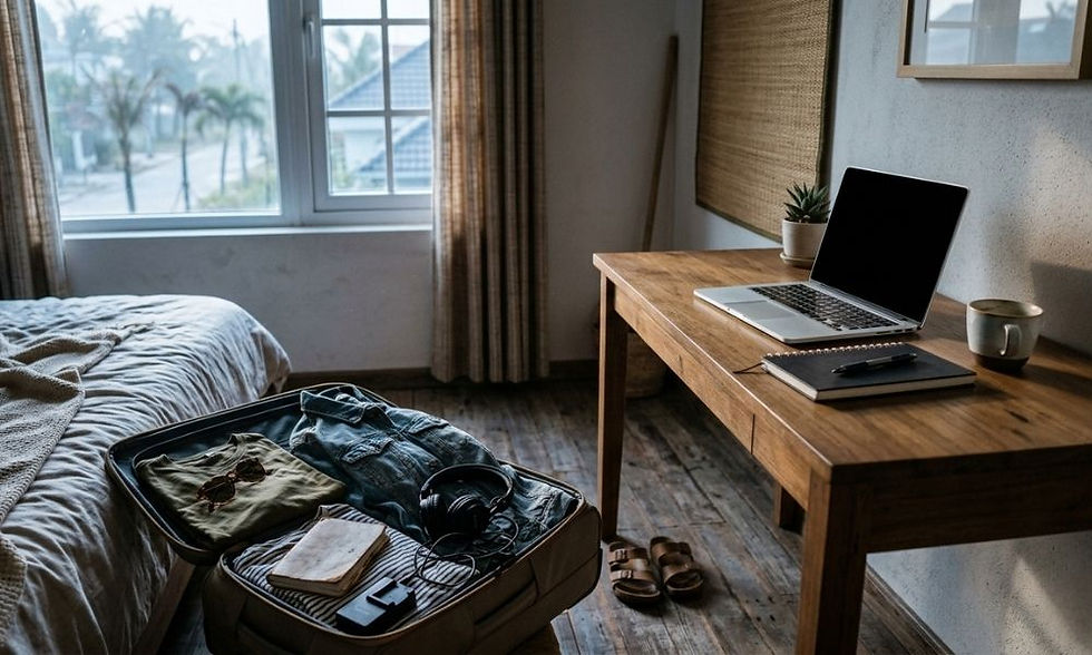 Open suitcase on bed with clothes, sunglasses, notebook, and headphones. Wooden desk with laptop, notebook, and mug by window. Cozy, relaxed mood.