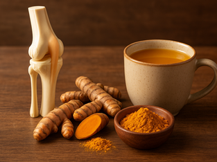 Model of a knee joint, turmeric root, powder, and a cup of turmeric tea on a wooden table. Warm, earthy tones. No text visible. Herbpy Blog.