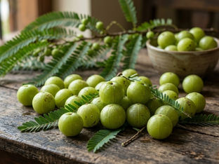 Amla fruit and amla powder showing common forms of Indian gooseberry