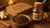 Bowl of cloves, ginger, and cinnamon sticks on a wooden table with a "Traditional Remedy" jar. Book labeled "Herbal Medicine" and lit candle in background. Warm, rustic mood. Herbpy Blog.