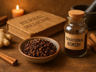 Bowl of cloves, ginger, and cinnamon sticks on a wooden table with a "Traditional Remedy" jar. Book labeled "Herbal Medicine" and lit candle in background. Warm, rustic mood. Herbpy Blog.