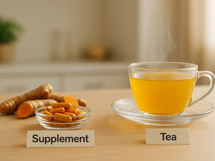Glass cup of steaming yellow tea and bowl of orange capsules on a table labeled "Tea" and "Supplement." Turmeric roots in background. Herbpy Blog.
