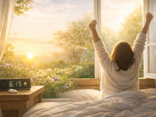 Woman in white robe stretches in bed facing open window. Sun rises over garden. Clock shows 6:15. Serene morning mood.