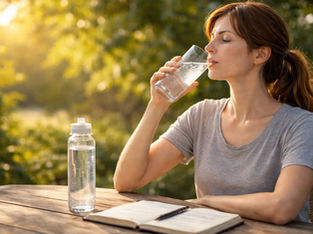 Woman in a gray shirt drinks water from a glass at a wooden table with a water bottle and notebook. Sunlit garden background, serene mood.
