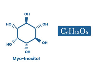 Blue chemical structure of Myo-Inositol with molecular formula C6H12O6 on white background. Source: Canva.