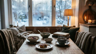 Cozy dining area with steaming coffee, cereal bowls, and a pastry on a wooden table. Snowy view outside, warm lamp and candles inside.