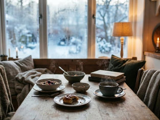 Cozy dining area with steaming coffee, cereal bowls, and a pastry on a wooden table. Snowy view outside, warm lamp and candles inside.