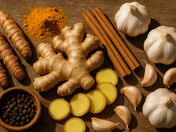 Ginger, turmeric, garlic, black pepper, and Ceylon cinnamon are artfully arranged on a wooden surface, showcasing earthy tones and textures.