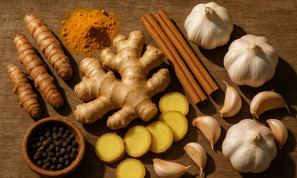 Ginger, turmeric, garlic, black pepper, and Ceylon cinnamon are artfully arranged on a wooden surface, showcasing earthy tones and textures.