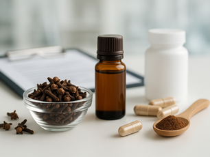 Glass bowl of cloves, brown bottle, white jar, capsules, and a wooden spoon with powder on a white table. Clipboard in blurred background. Herbpy Blog.