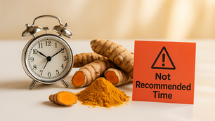 Alarm clock near turmeric roots and powder on a table. A red sign reads "Not Recommended Time." Creamy background. Herbpy Blog.
