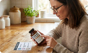  Person reading a KSM-66 ashwagandha supplement label with safety icons and a simple checklist beside the bottle.