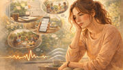 Woman looking pensive, surrounded by thoughts of meetings, a phone with messages, calendar, and coffee cup in a warm, dreamy setting.