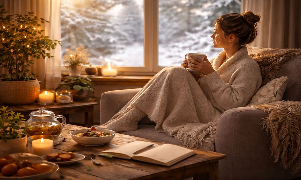 Woman in cozy robe holds a mug, gazing out a window at snowy trees. Candles, plants, and an open book create a warm, serene atmosphere.